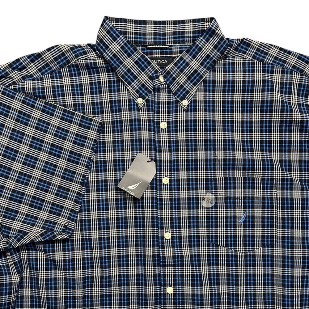 Nautica Vintage Mens Plaid Shirt Button Up Blue 80s 2-Ply Cotton Casual XXL